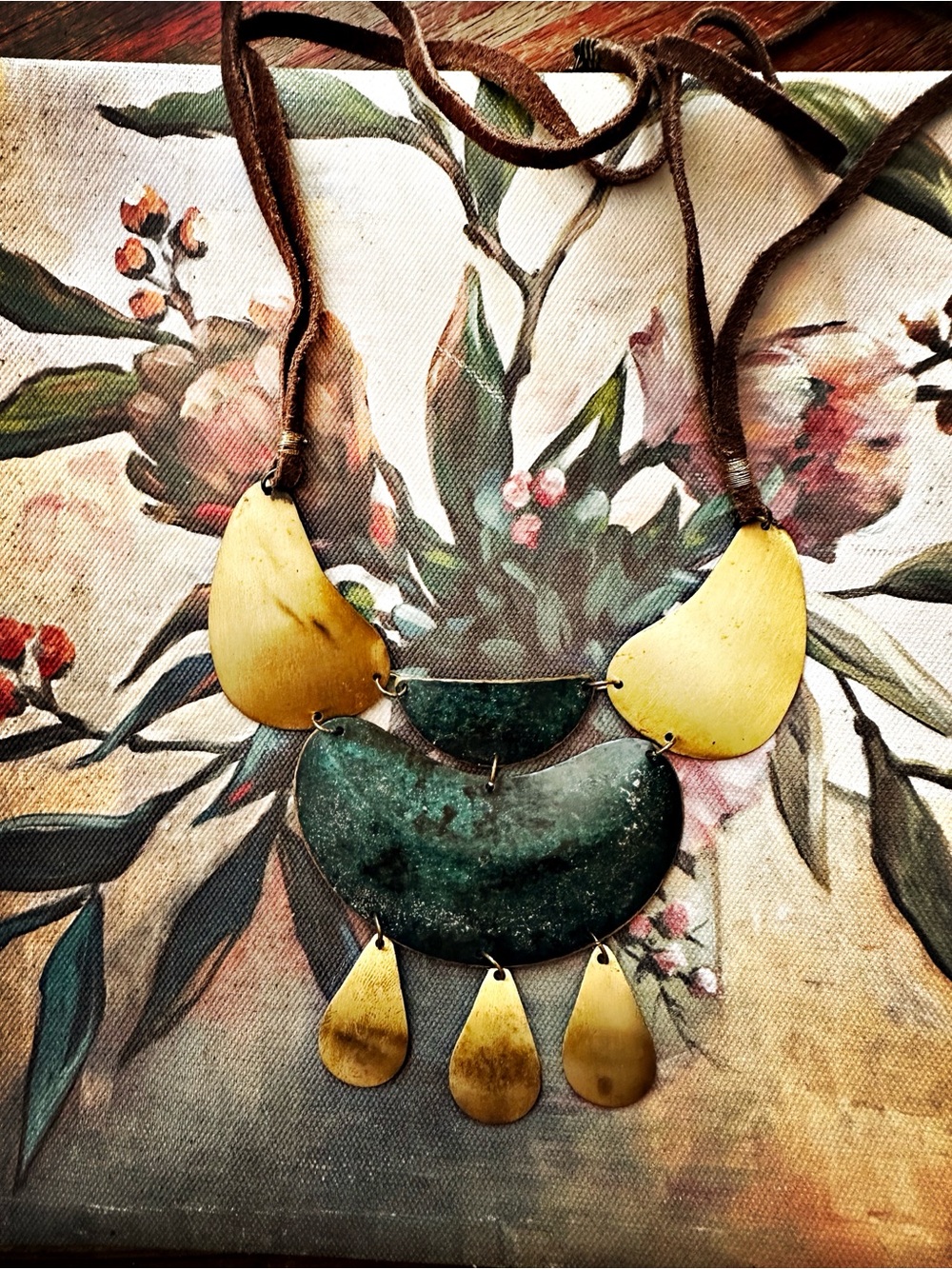 Mid Century Modern Brass Verdigris Teal Statement Necklace on Suede